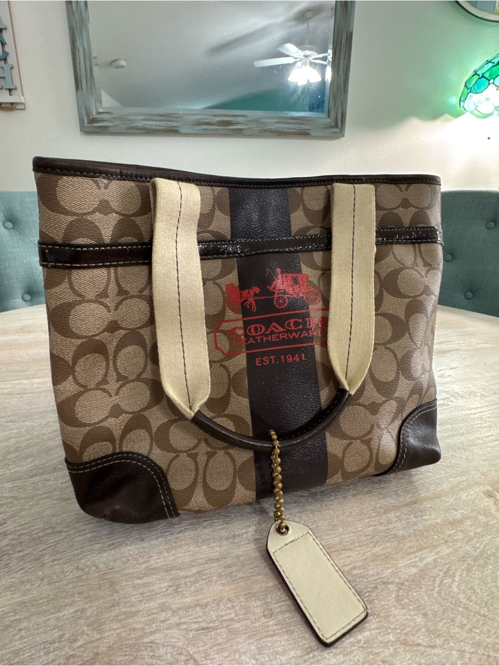 Coach Brown and Tan Tote with Red Accents